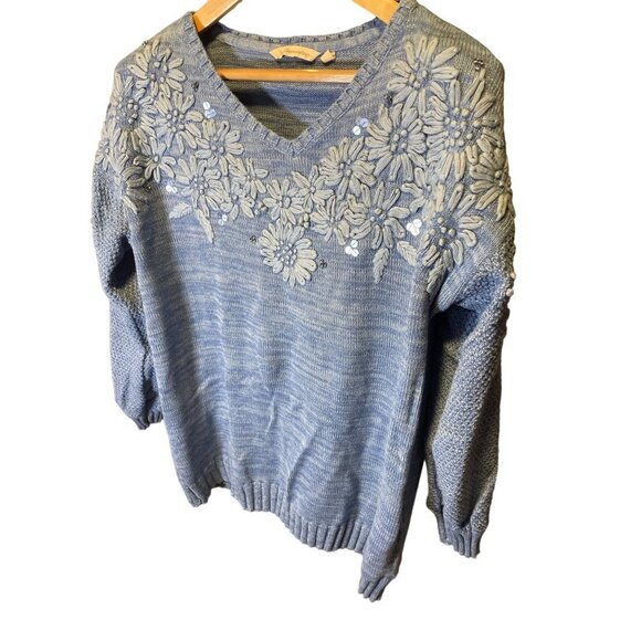 Soft Surroundings Blue Embellished Palenque Knit Sweater Sz L - Picture 3 of 8